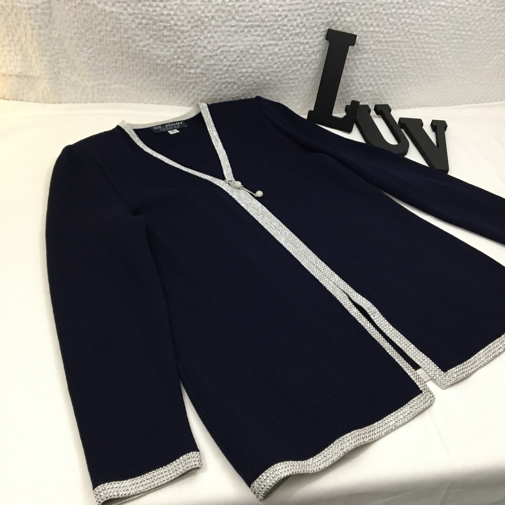 ST JOHN Jacket & Skirt Navy Blue Stud Embellish Zip Closure Top - Picture 3 of 7